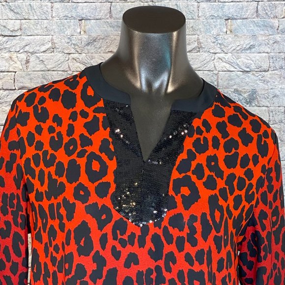 Susan Graver Animal Print Blouse Women's Size 6 Long Sleeve Embellished V Neck - Picture 2 of 7